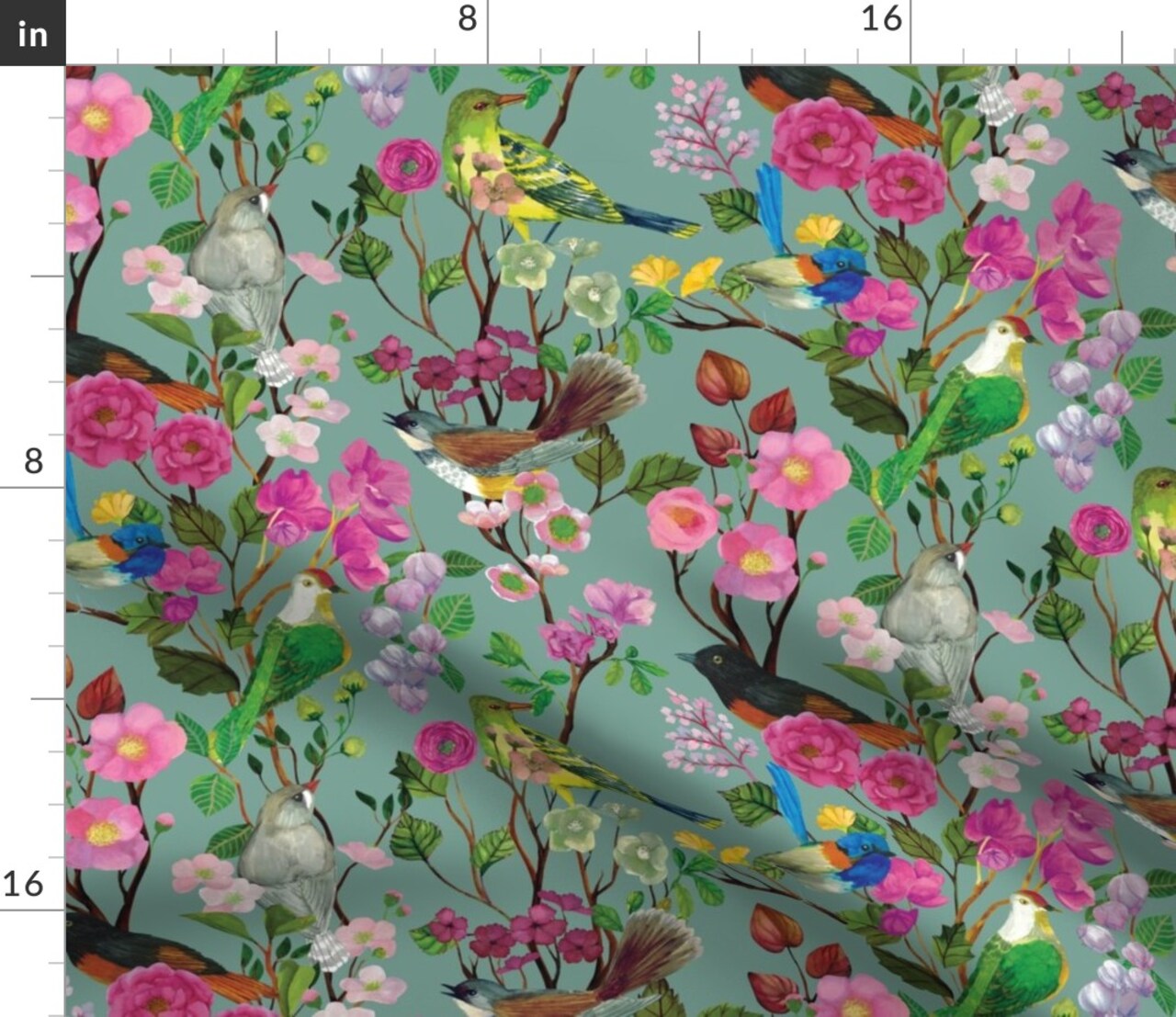 Chinoiserie Garden Australian Birds Painted Flowers Ornate Florals And Blooms Custom Printed Fabric by Spoonflower Various Fabrics by the Yard or Fat Quarter